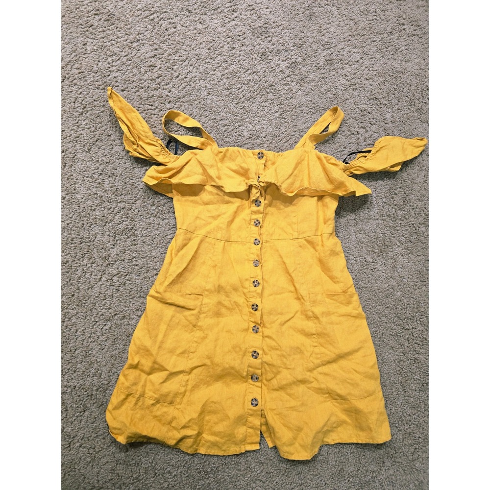 Forever 21 Mustard Yellow 100% Linen Cold Shoulder Ruffle Mini Dress Medium - Picture 6 of 11